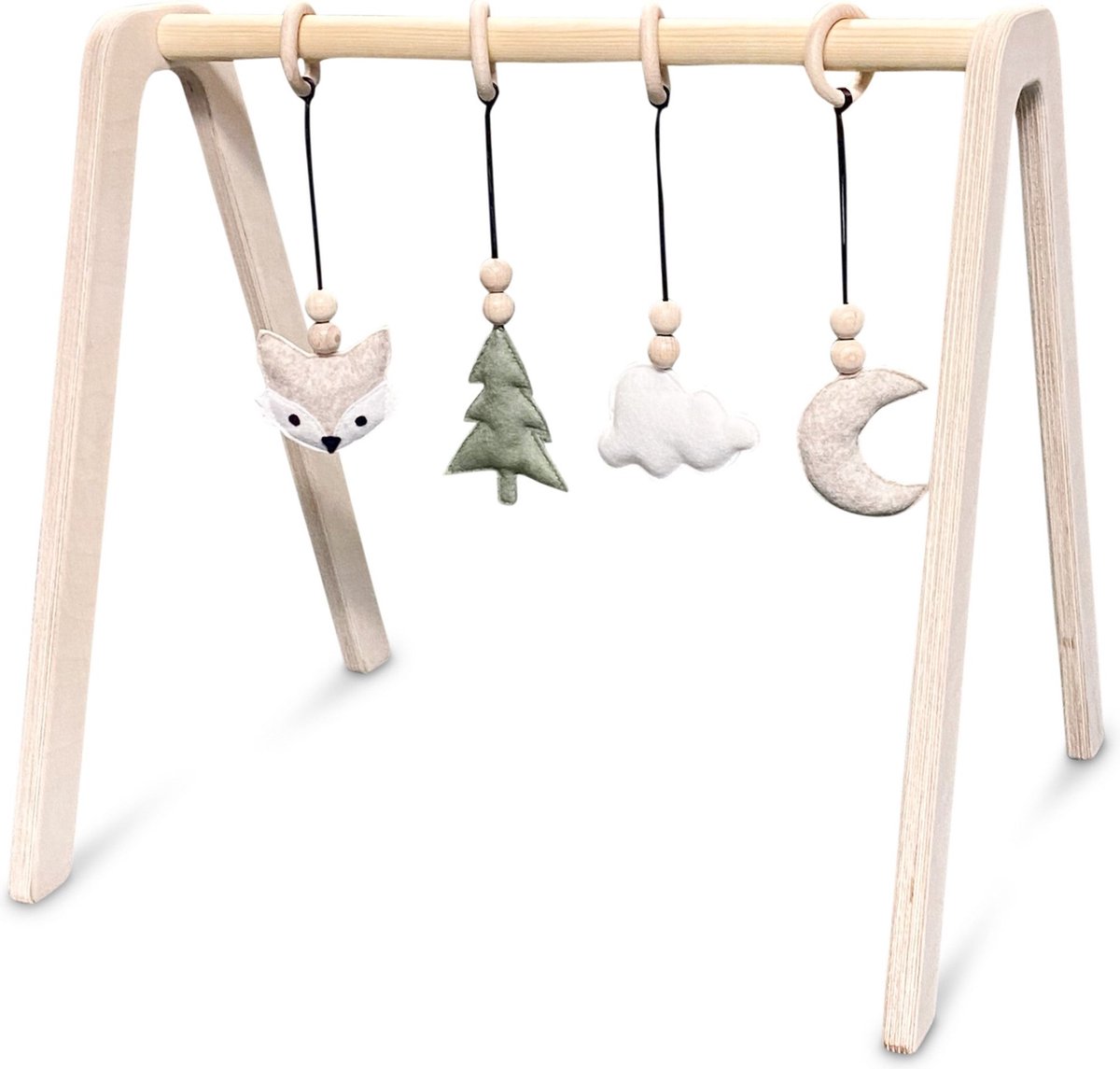 Blank houten babygym , met bosdieren hangers , speelboog massief hout | toddie.nl